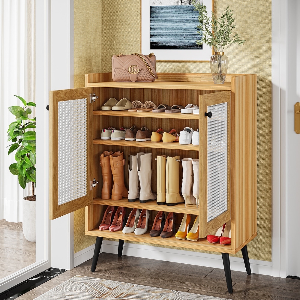 Shoe Cabinet with Doors  Rattan Shoe Storage Cabinet  6 Tier Shoes Organizer Cabinets for Entryway