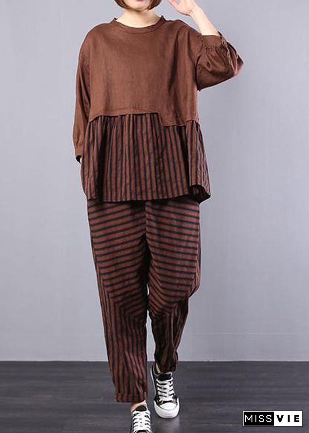 autumn khaki patchwork striped tops with elastic waist pants two pieces