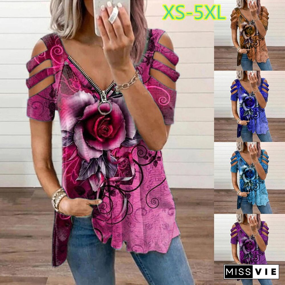 Summer New Fashion Women's Rose Flower Printed Sleeveless Casual Zipper V-neck T-shirt Soft and Comfortable Thin Loose Cute Top Shirt XS-5XL