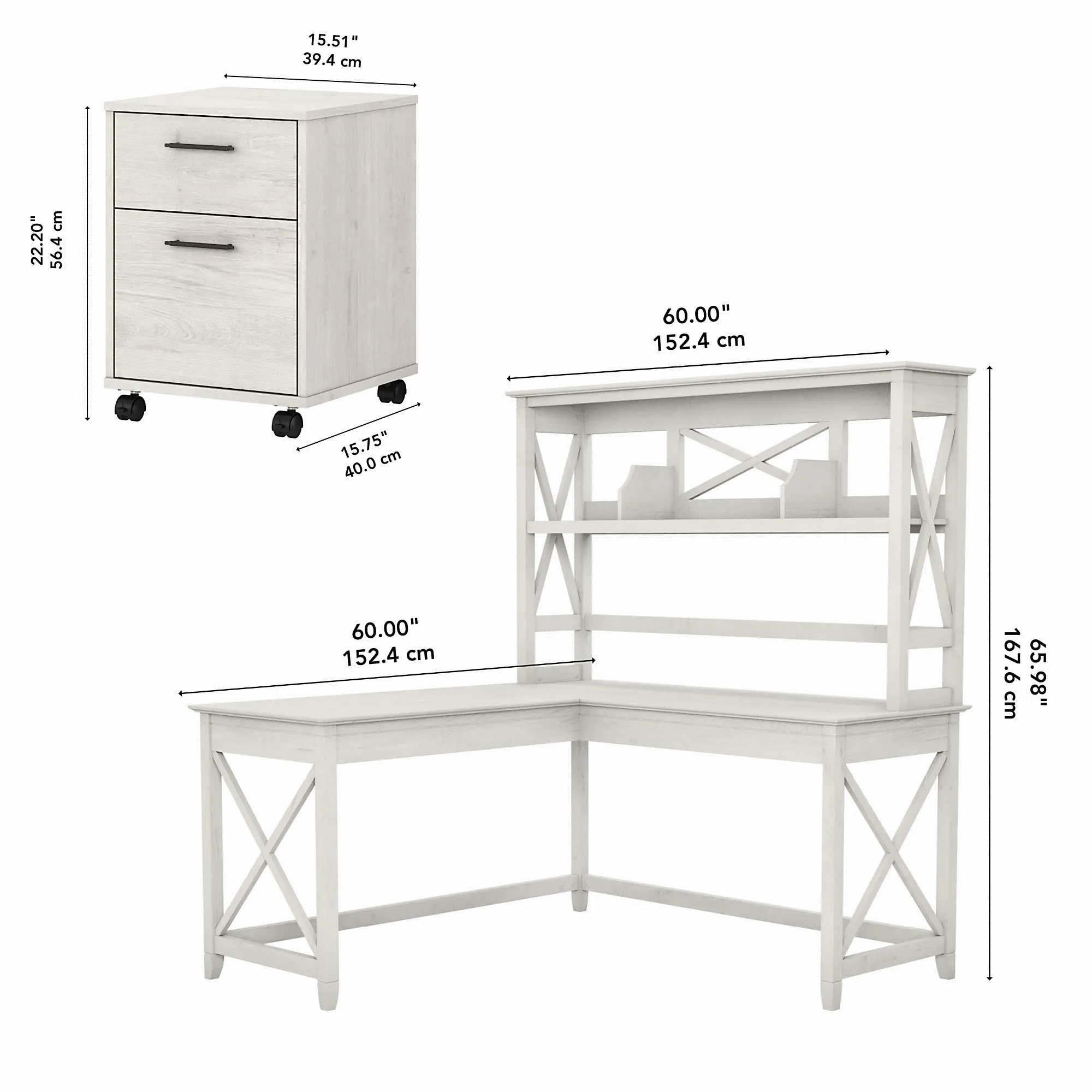 Key West Linen White Oak 60 Inch Desk with Hutch and File Cabinet - Bush Furniture