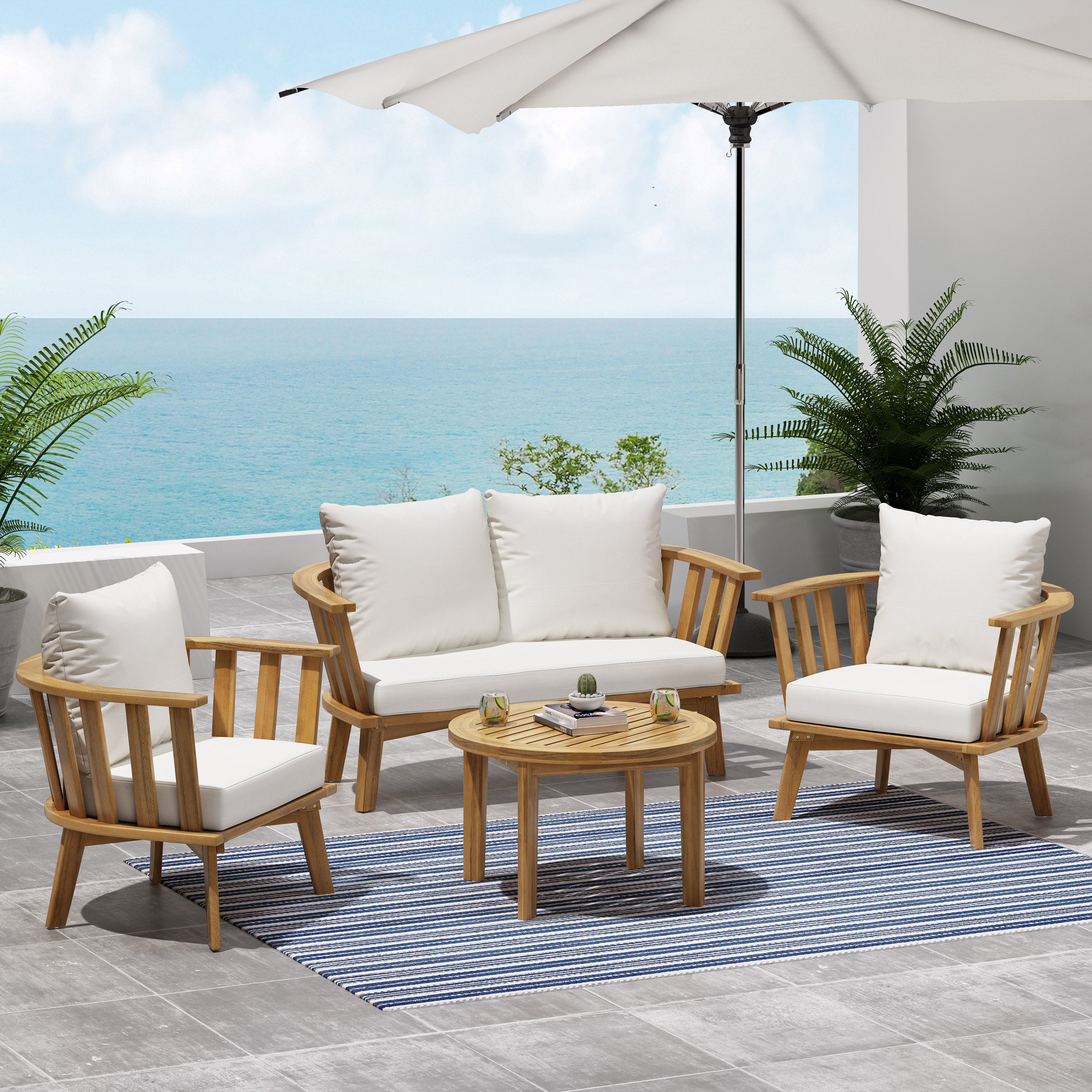 Laiah Outdoor Wooden Chat Set with Round Coffee Table