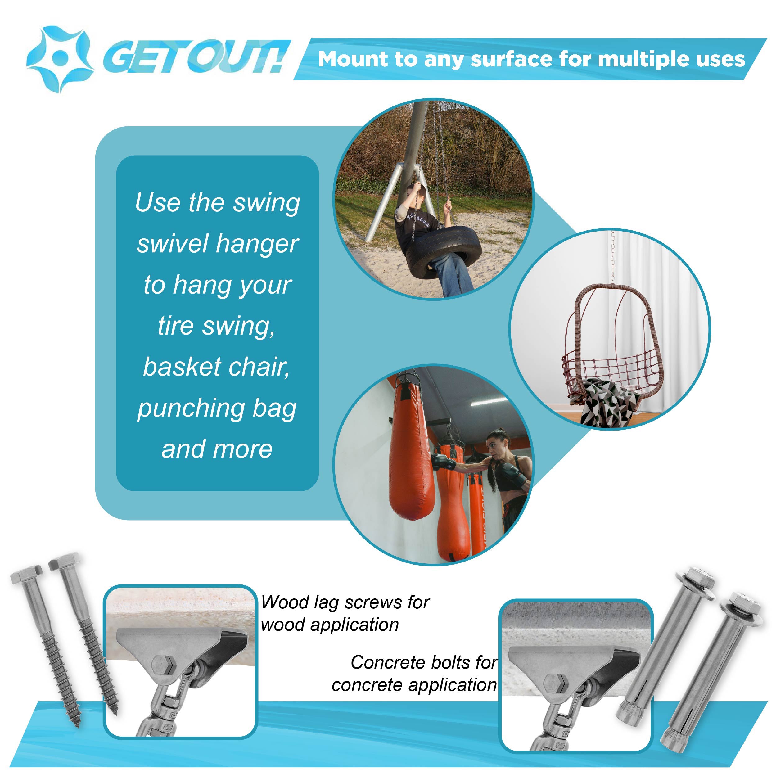 Get Out! Tire Swing Swivel Hanger 1000lb Carabiner Spinner Hardware Mount 1pk