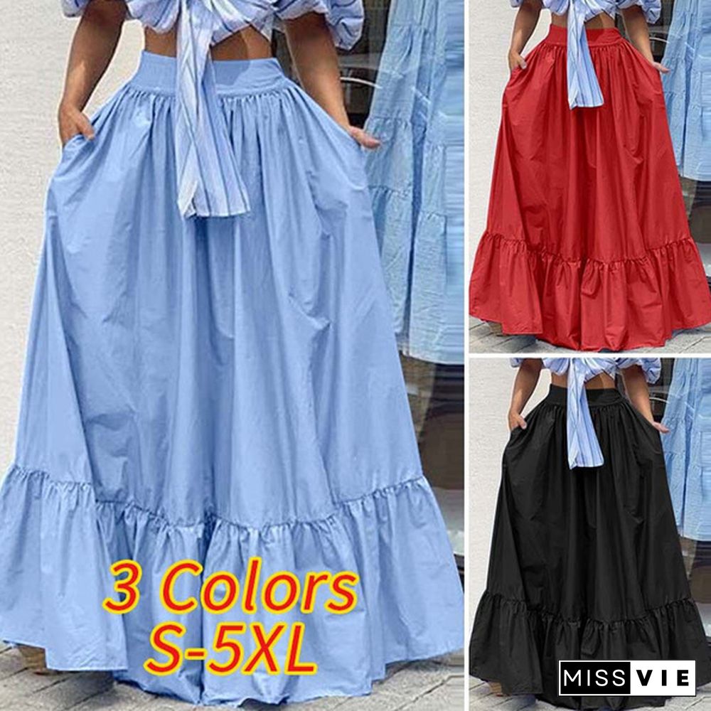 Women Umbrella Long Skirt Dress High Waist Ruffle Hem Casual Pleated Maxi Skirts Plus Size