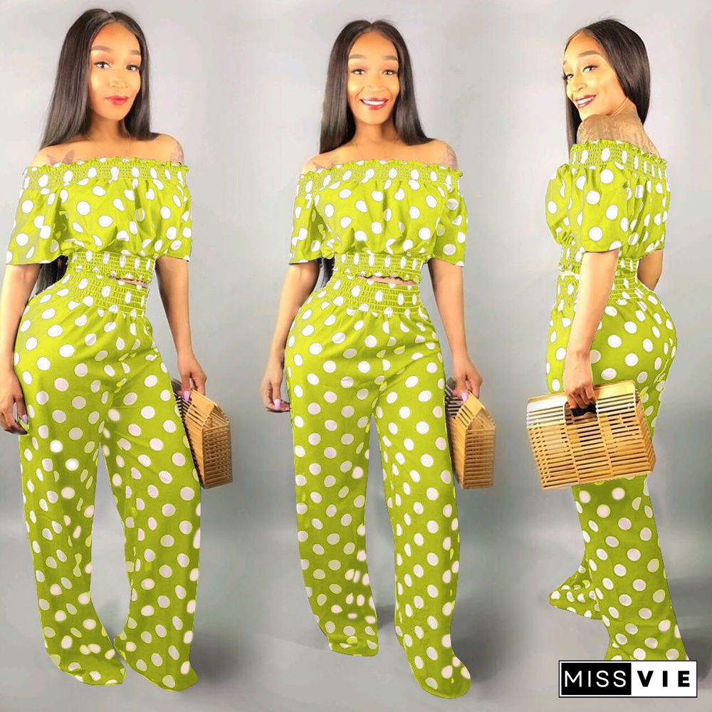 Stylish Off Shoulder Polka-dot Top Wide-leg Pants 2 Piece Set