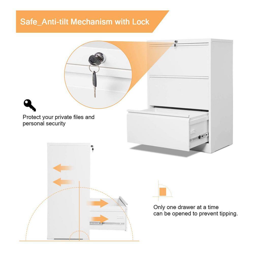 Aobabo White 3-Drawer Lateral File Cabinet with Lock for LetterLegal Size Paper ABX-1