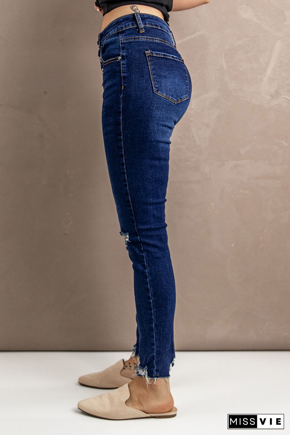 Blue Ripped Button Fly Skinny Jeans