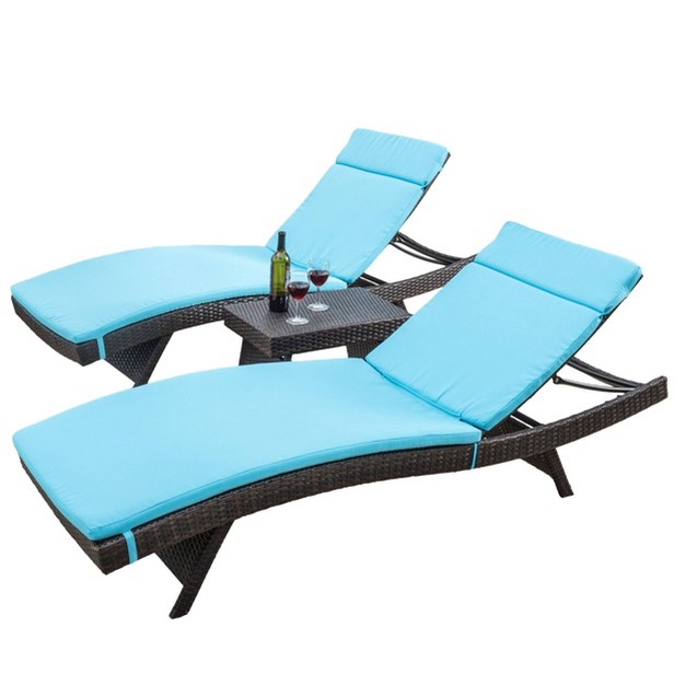 Luana 3pc Wicker Patio Adjustable Chaise Lounge Set With Cushions Blue Christopher Knight Home