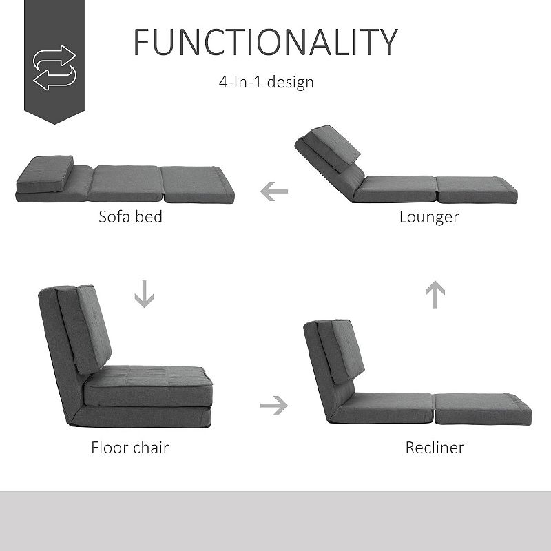 HOMCOM Convertible Flip Chair Folding Upholstered Floor Sofa Adjustable Guest Chaise Lounge Dorm Bed with Metal Frame for Living Room and Bedroom Dark Grey