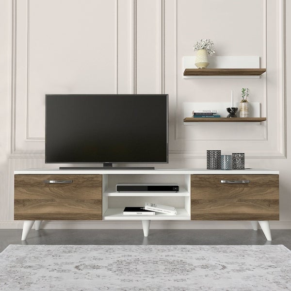 59 Inch Wood TV Console Entertainment Center， 2 Drop Down Doors， 2 Wall Shelves， Walnut， White