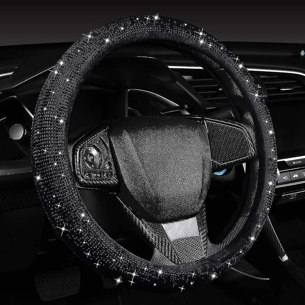 Women Fashion Black Velvet Bling Steering Wheel Cover With Black Diamonds， 15 Inch Standard