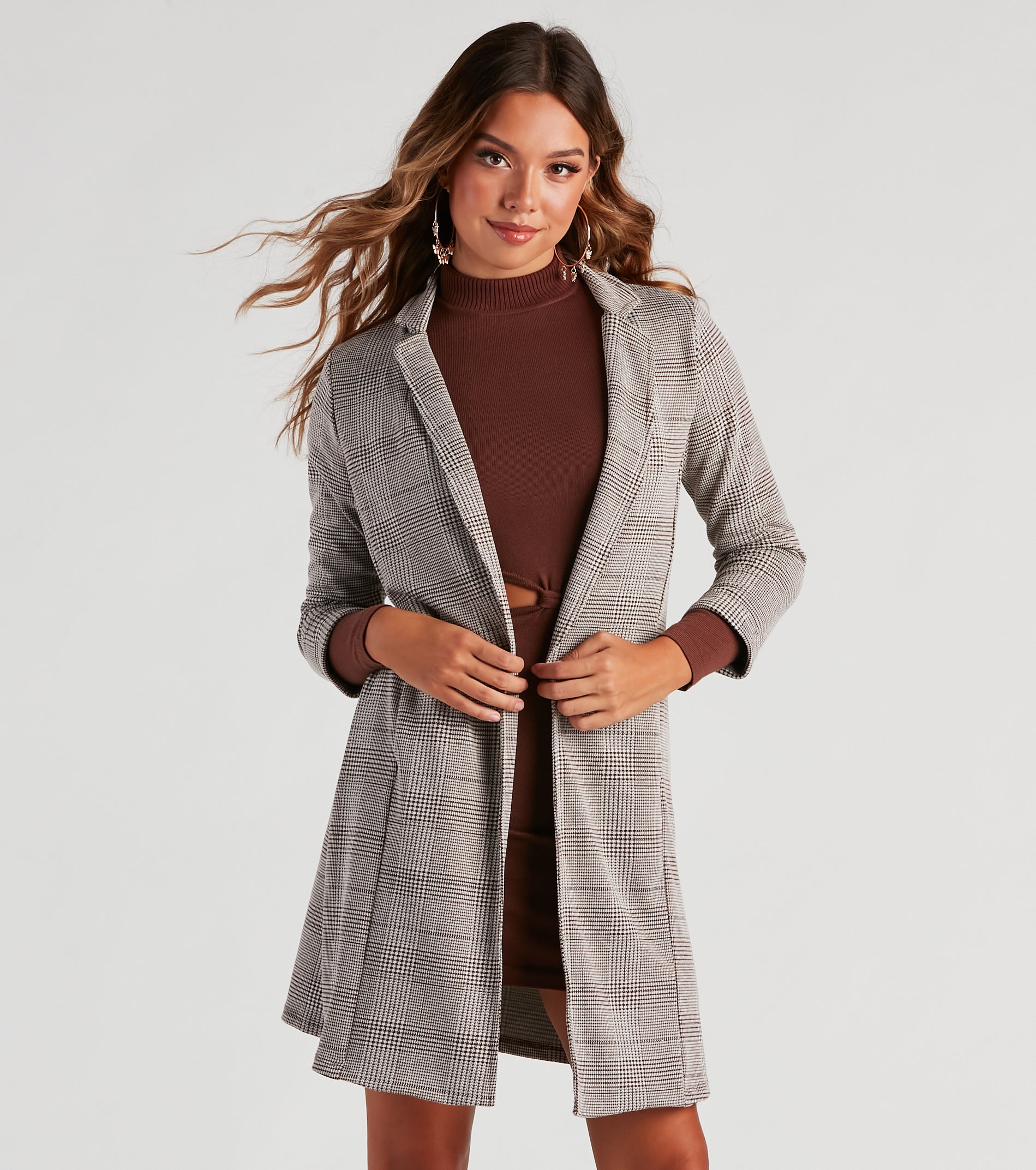 City Style Plaid Long Line Blazer