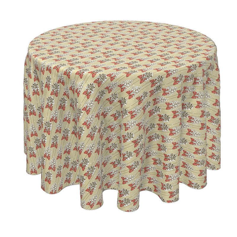 Round Tablecloth， 100% Polyester， 60 Round， Pine Cones with Bows