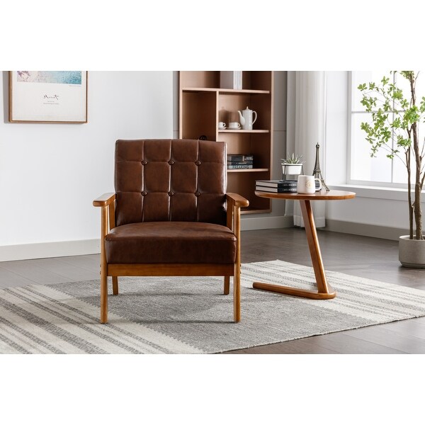 Mid-Century PU Leather Button Lounge Chairs， Modern Solid Wood Armrest Accent Chair， for Living Room Bedroom Studio