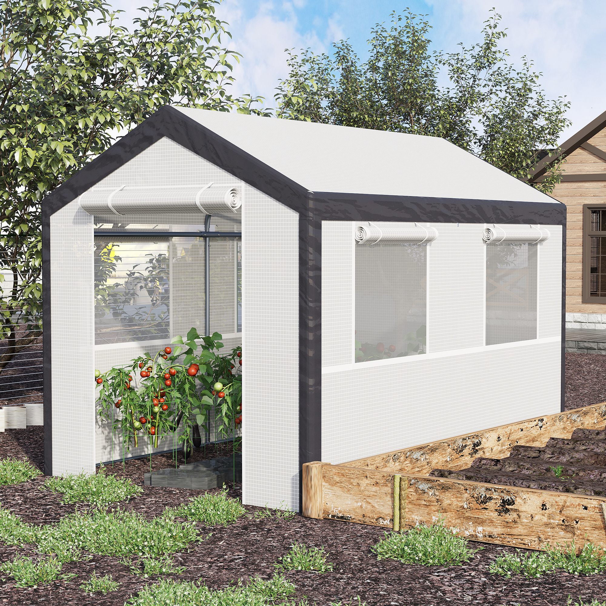 Outsunny Walk-in Garden Greenhouse Fully Enclosed with Extra Thick Steel Tubing, 4 Windows (plus screens), and 2 Zippered Doors for a Perfect Garden Haven, White