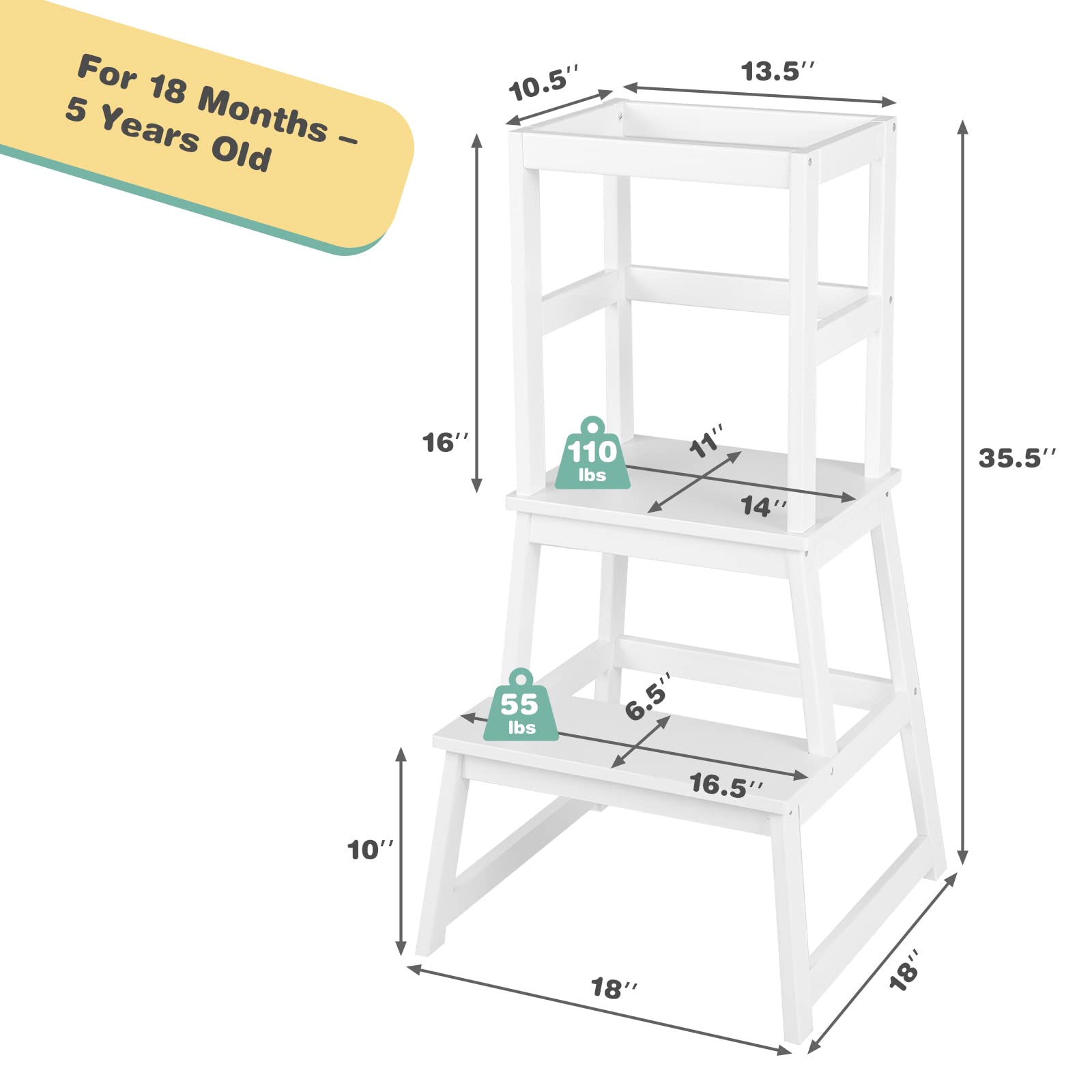 Costzon Kids Kitchen Step Stool with Safety Rail, 2 in 1 Solid Wood