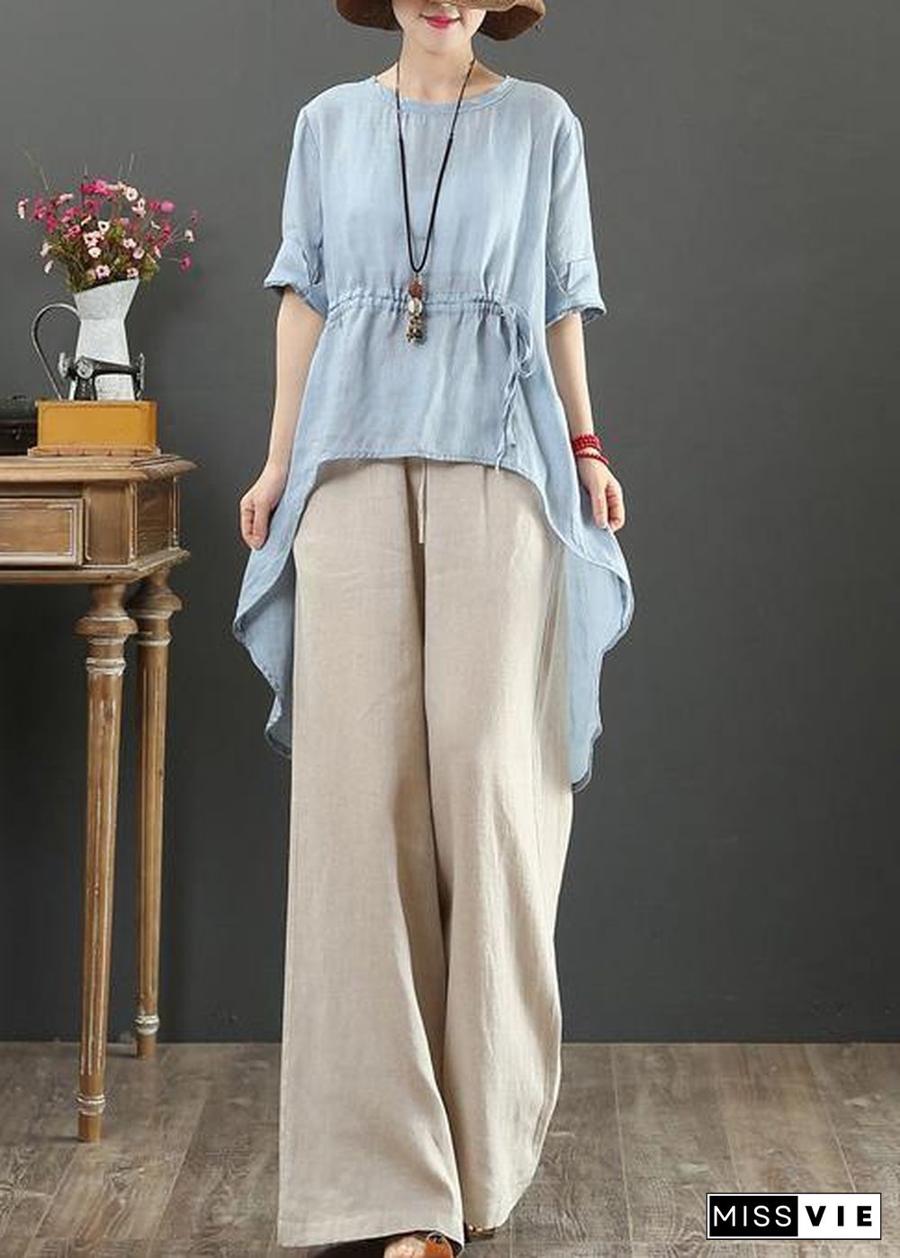 DIY light blue linen clothes o neck asymmetric box shirts