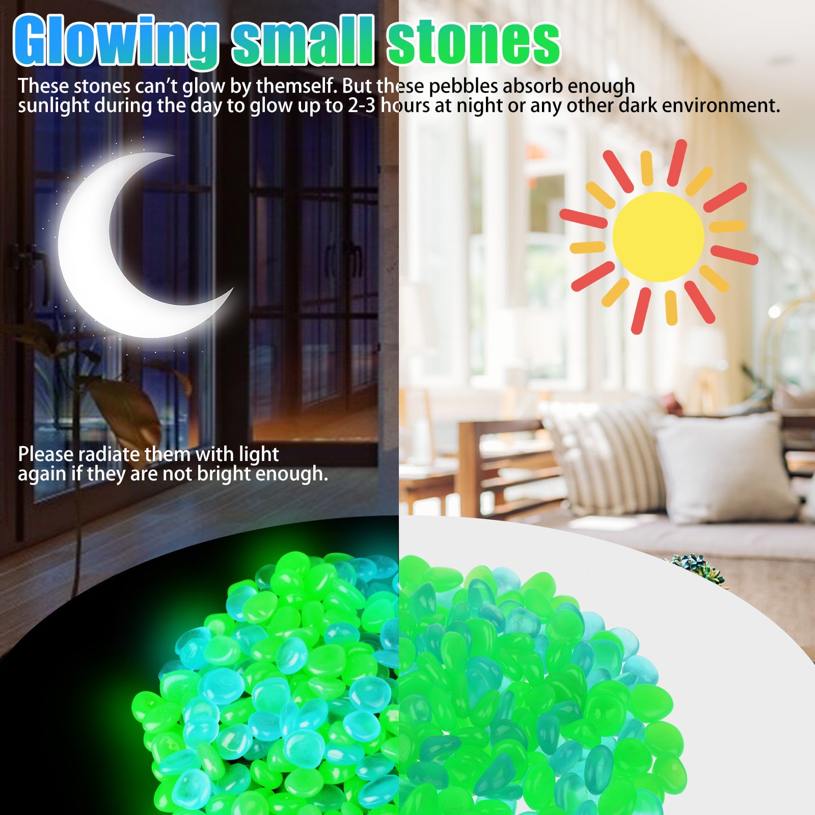 300pcs Glow in The Dark Garden Pebbles Stones, EEEkit Glowing Rocks Indoor Outdoor Decor for Fish Tank Aquarium Walkway Yard Lawns Driveway Decorative Luminous Pebbles Powered by Light or Solar