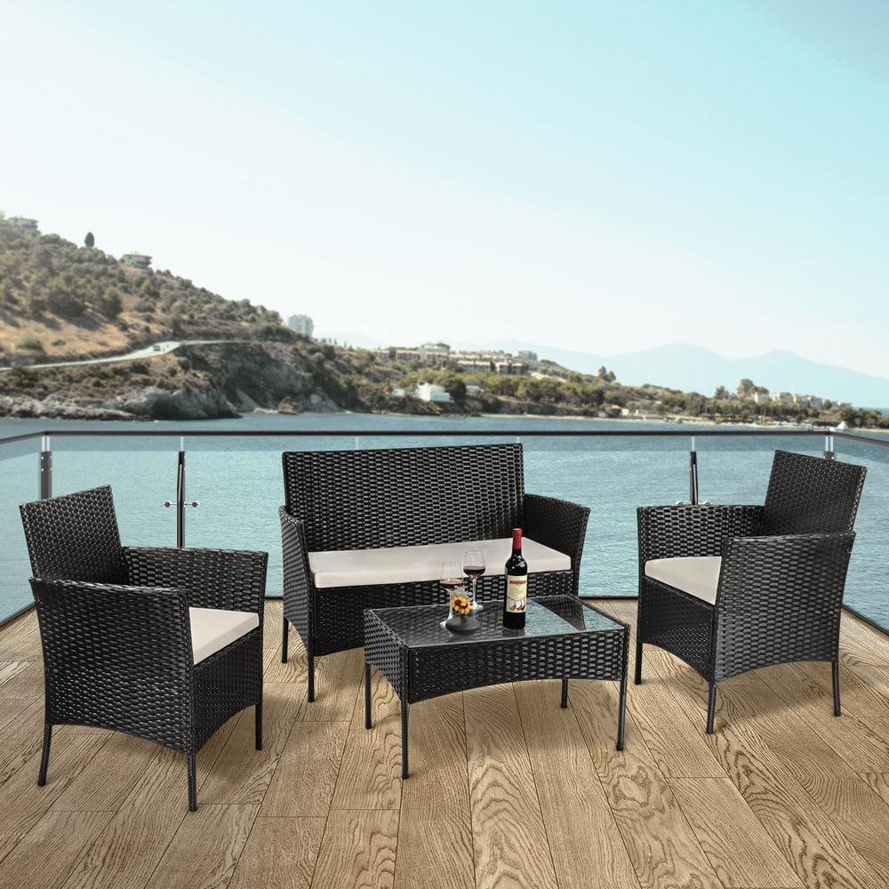 bigzzia Black 4Pieces PE Wicker Outdoor Patio Furniture Sets Loveseat Includes Armchairs and Table with Cushions