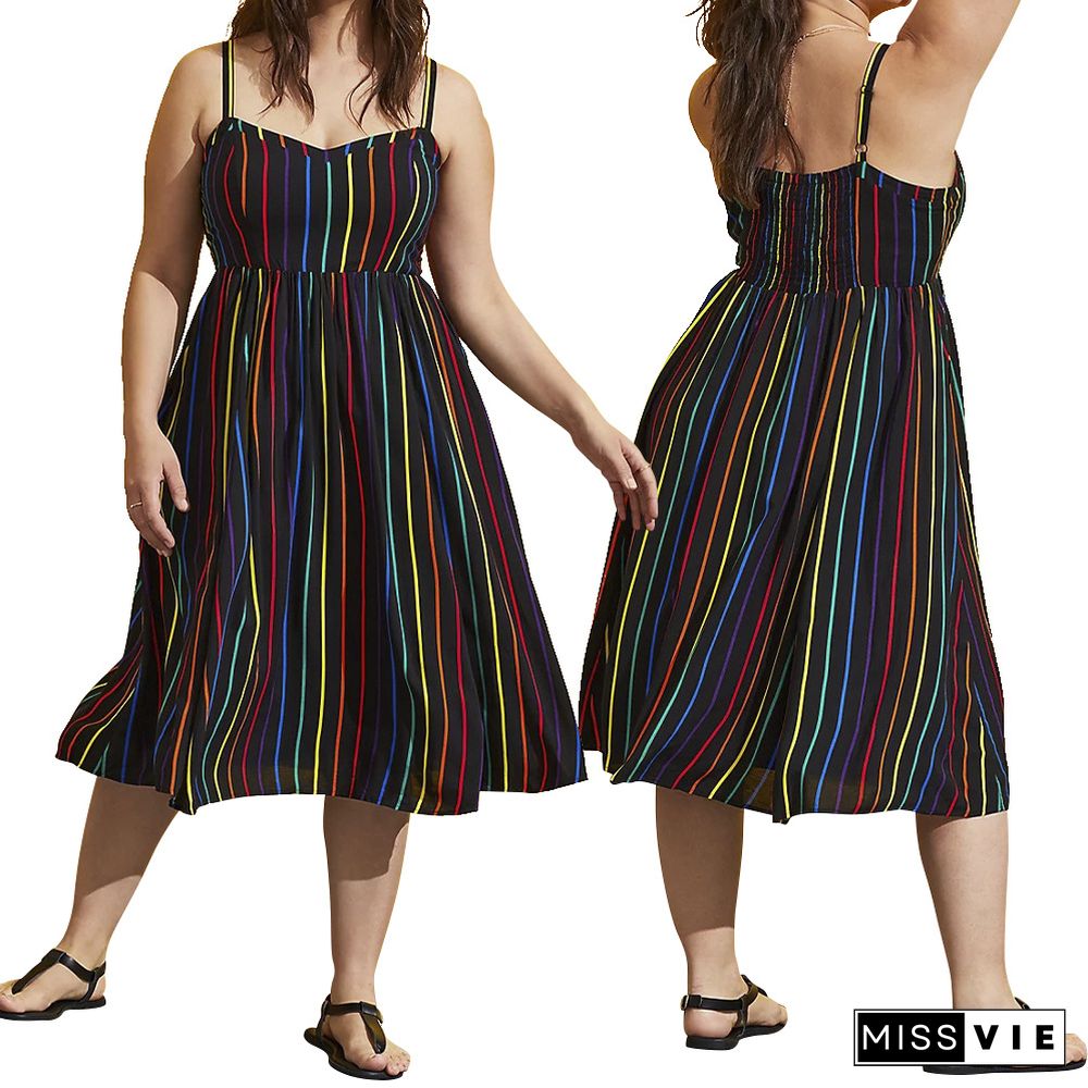 Plus Size Women Striped Print Sleeveless Spaghetti Strap Summer A Line Casual Club Party Midi Dresses