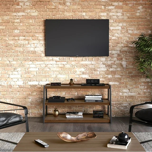 Industrial TV Stand  Angled Design With Metal Frame With 3 Open Tiers  Walnut   Industrial   Entertainment Centers And Tv Stands   by Declusia  Houzz