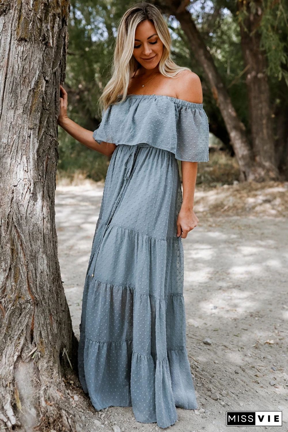 Sky Blue Off Shoulder Ruffle Swiss Dot Maxi Dress