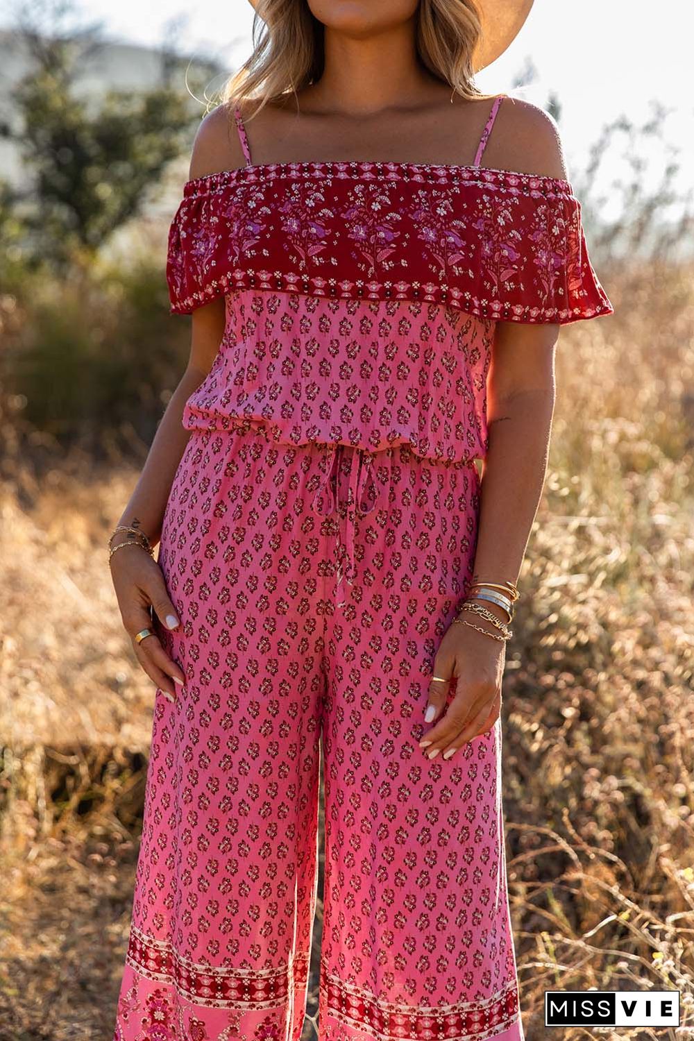 Red Pattern Print Spaghetti Strap Ruffled Wide Leg Jumpsuit