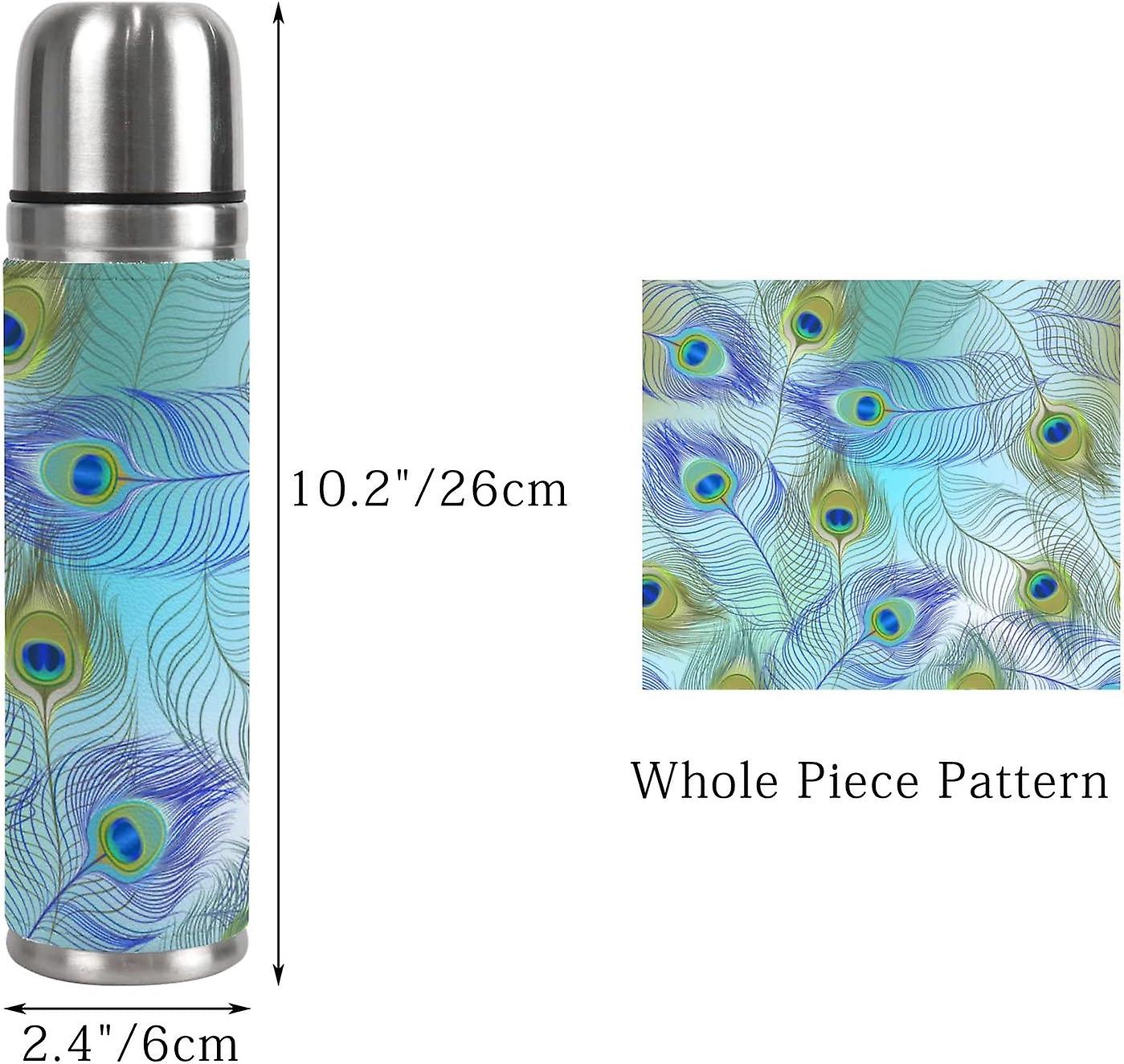 Insulated Mug Stainless Steel Water Bottle Colorful Peacock Feather Pattern Vacuum Cup Travel Mug For Office