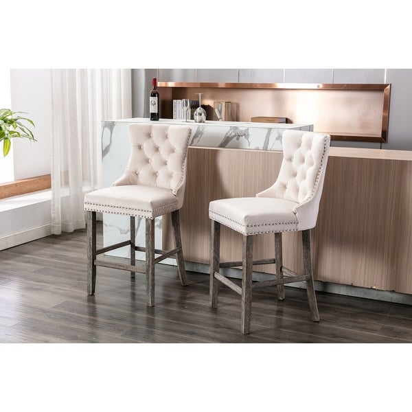 Set of 2 Velvet Upholstered Barstools with Button Tufted Chrome Nailhead Trim， Leisure Style Bar Chairs