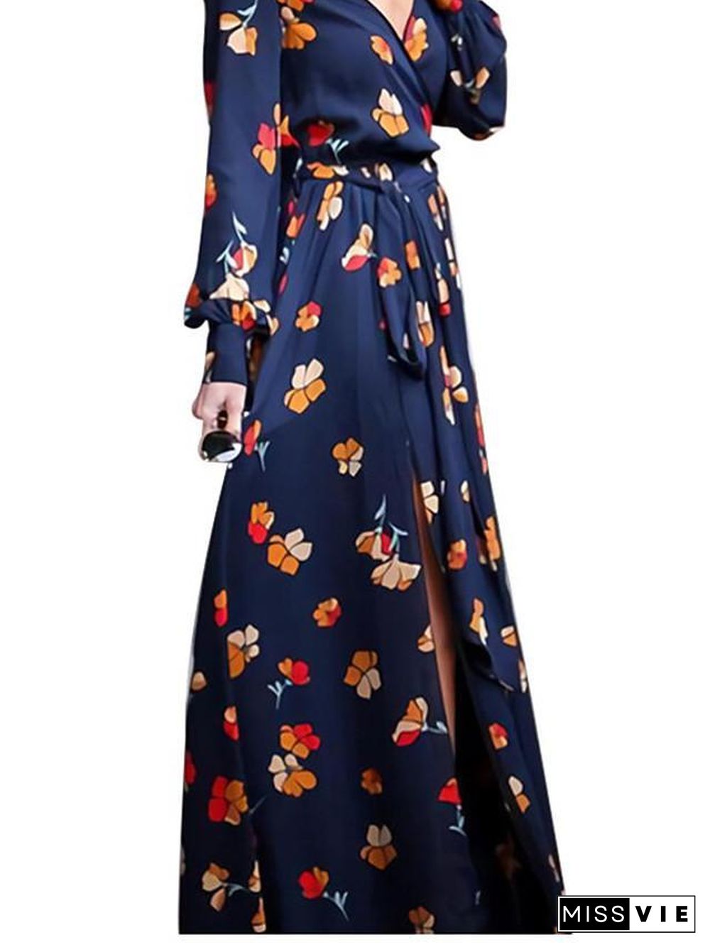 Women's Chiffon Dress Maxi long Dress Long Sleeve Floral Split Print Spring Casual Linen Royal Blue S M L XL XXL 3XL Black Dresses