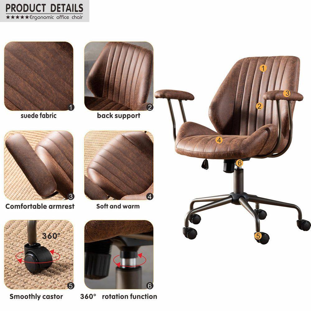 Allwex Magic Dark Brown Suede Fabric Swivel Office Task Chair with Arms and Lumbar Support SKL300