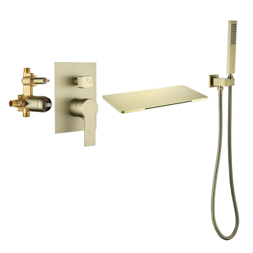 FLG Single-Handle Wall Mount Roman Tub Faucet with Hand Shower Waterfall Bath Tub Filler in Brushed Gold SS-0143-BG