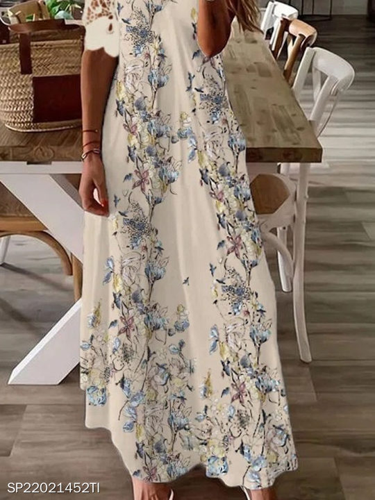 V-neck Floral Print Casual Short Sleeve Maxi Dress