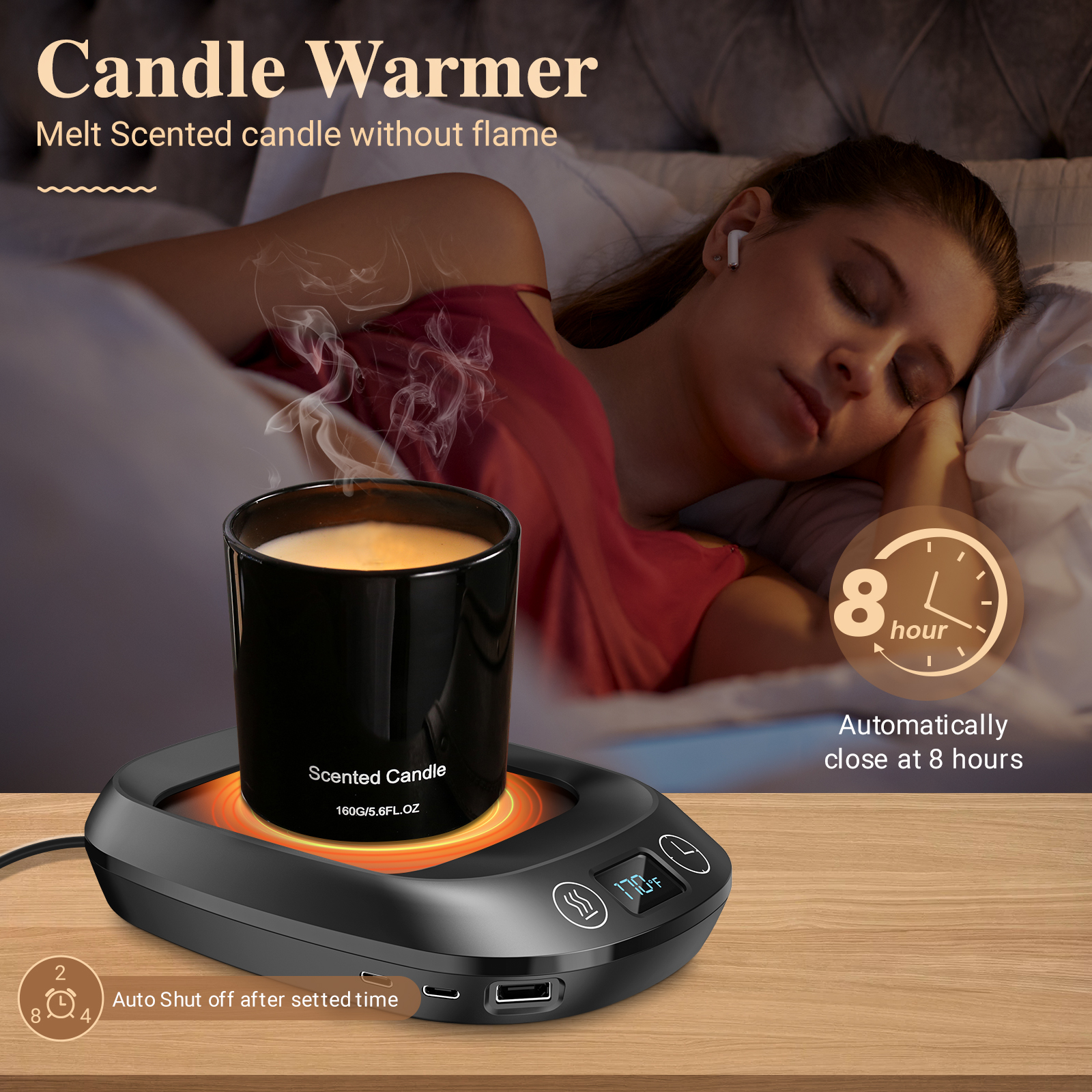 Coffee Mug Warmer，Electric Cup Warmer， Candle Warmer with 8H Auto Shut Off， 3 Temperature Setting 3 Timer with USB Charge for Home Desk Office Use