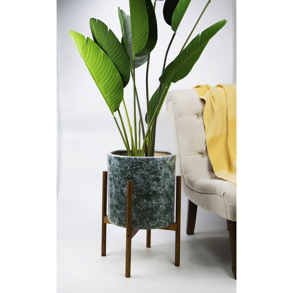 UPshining 13'' Extra Large Mid Century Modern Ceramic Planter Green Marble With Wood Stands