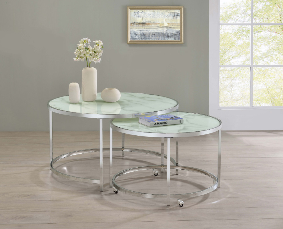 Lynn 2 piece Round Nesting Table White and Chrome   Modern   Side Tables And End Tables   by Modon  Houzz