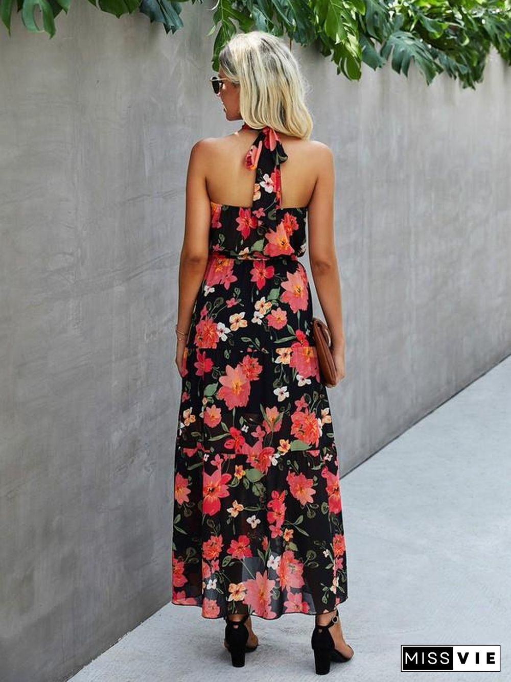 Sleeveless Backless Halter Neck Floral Maxi Dress