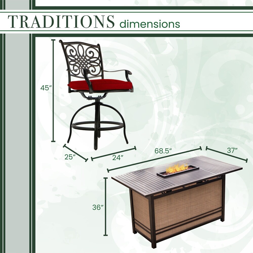 Hanover Traditions 7 Piece High Dining Set in Red with 30 000 BTU Fire Pit Table