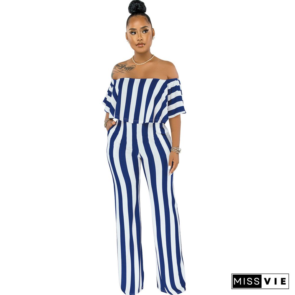 Striped Off Shoulder Wide Leg Jumpsuits