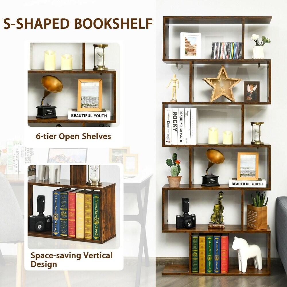 Gymax 6 Tier S Shaped Bookshelf Storage Display Bookcase Decor Z Shelf   31.5'' x 9'' x 75''