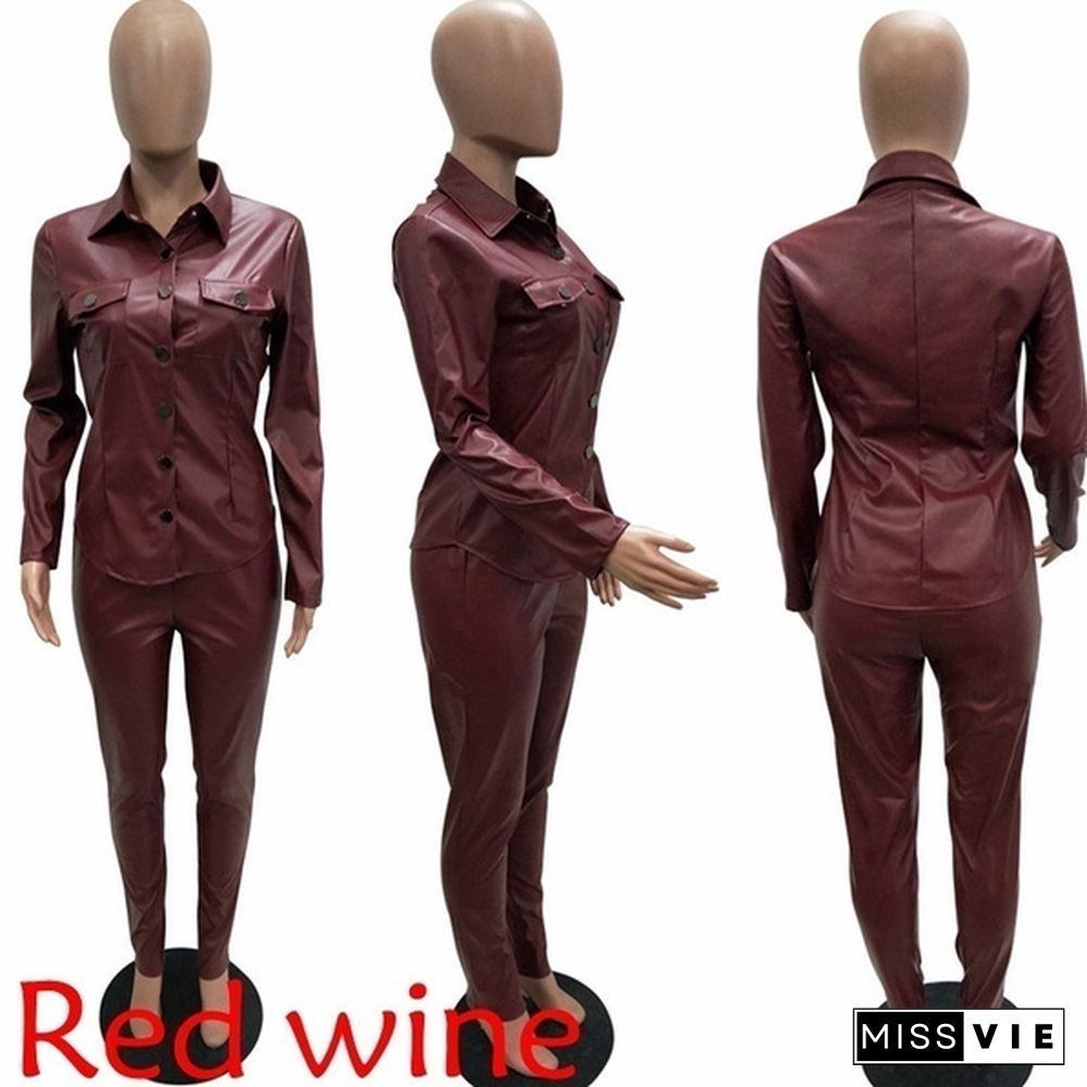 Women's Leather Two Piece Pants Women's Lapel Collar Pocket Long Sleeve Jacket Top And Pencil Pants 2 Piece Set