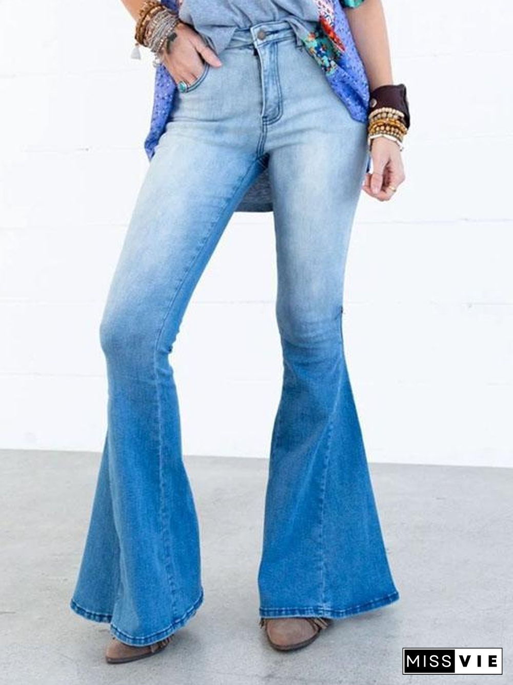 Women Gradient Color Denim Bell-Bottomed Pants