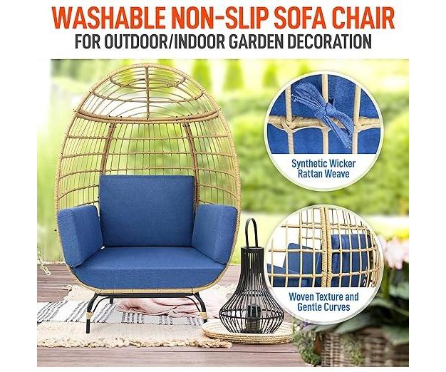 Serenelife Wicker Rattan Egg Chair Indoor Outdoor Blue Sofa Chair For Patio Backyard And Living Room With 4 Cushions And Powder Coated Steel Frame