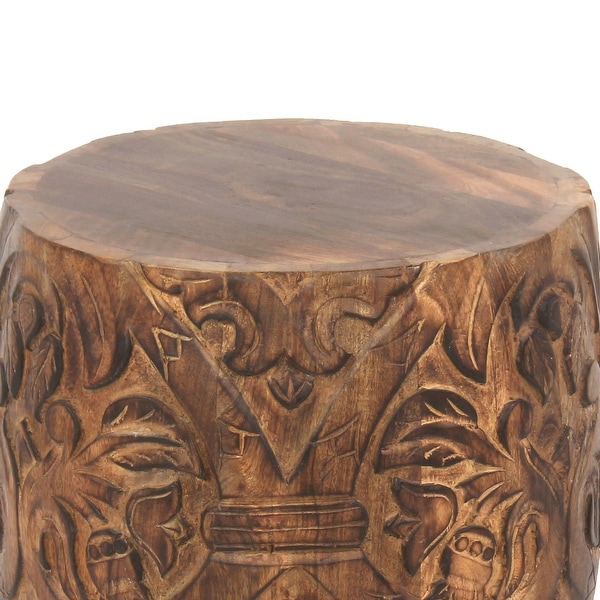 14 Inch Round End Table with Damask Carved Pattern and Wooden Frame， Walnut Brown