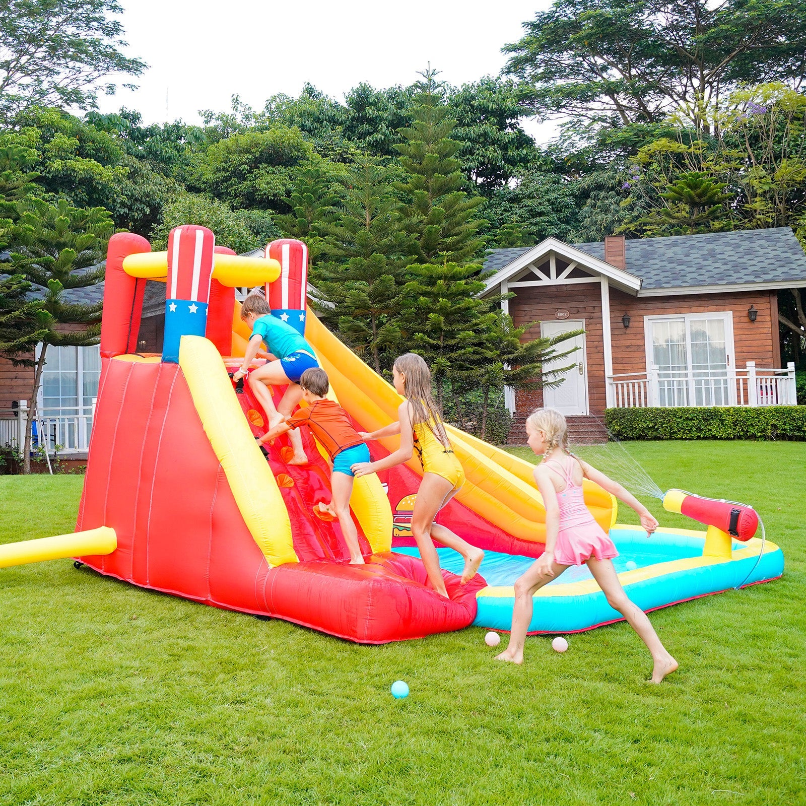 ametoys Inflatable Slide Backyard Park with Climbing Wall, Pool, Cannon, Heavy Duty Blower, Sprinkler, Stakes, Patches, Storage Bag for Outdoor Summer Fun