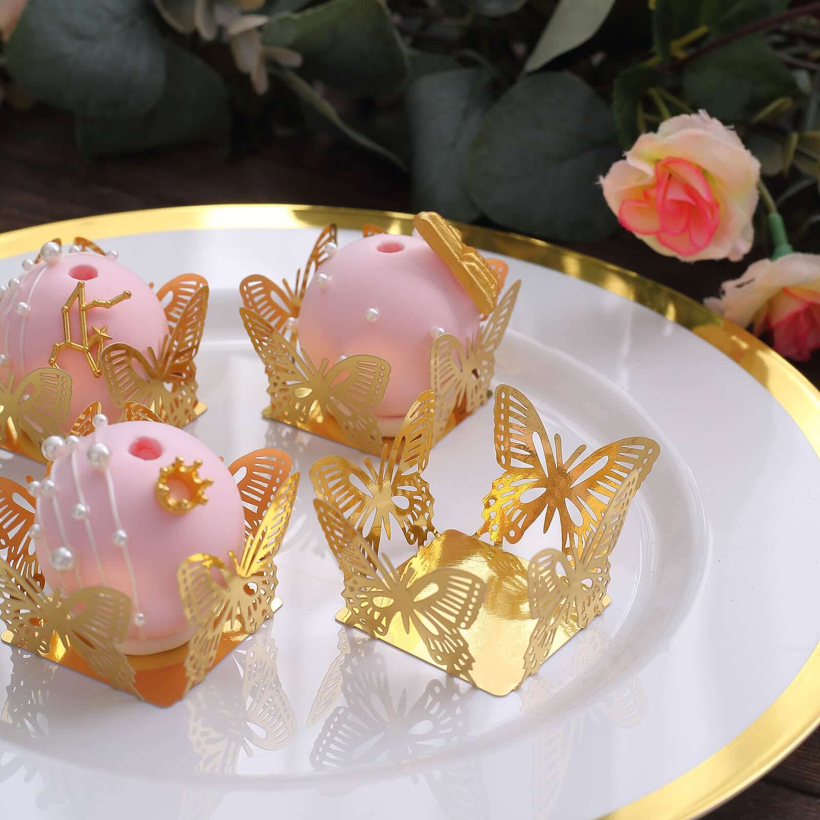 50 Pack Mini Metallic Gold Butterfly Truffle Cup Dessert Liners, Square Cupcake Tray Wrappers 225GSM 4