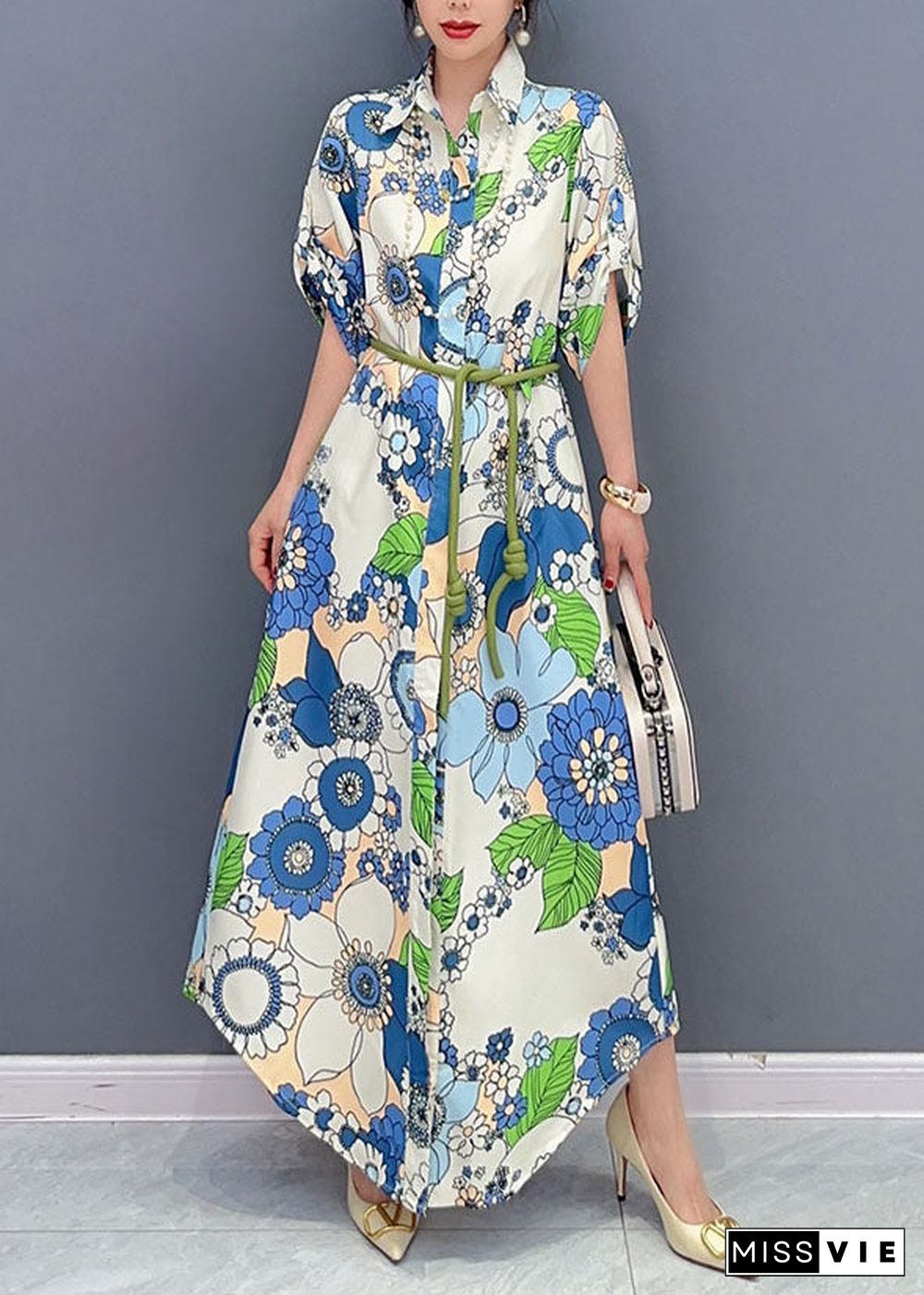 Art Blue Peter Pan Collar Print Cotton Maxi Shirts Dresses Summer