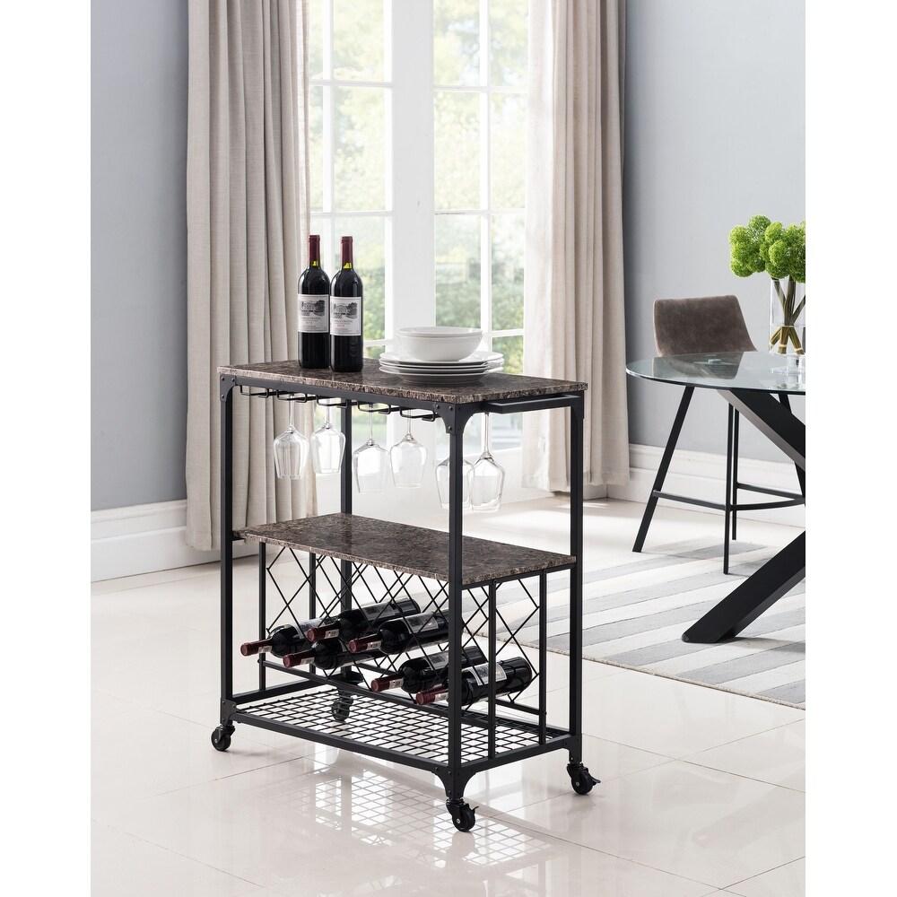 Kitchen Serving Cart Bar Buffet with Wine Rack   Glass Holder