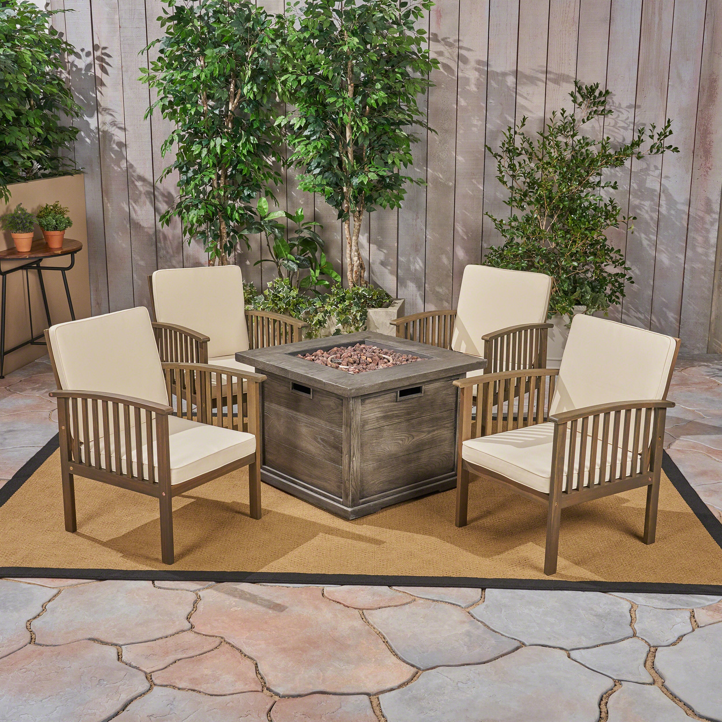 Cape Outdoor 4-Seater Acacia Wood Club Chairs with Firepit, Gray Finish and Cream and Wood Pattern