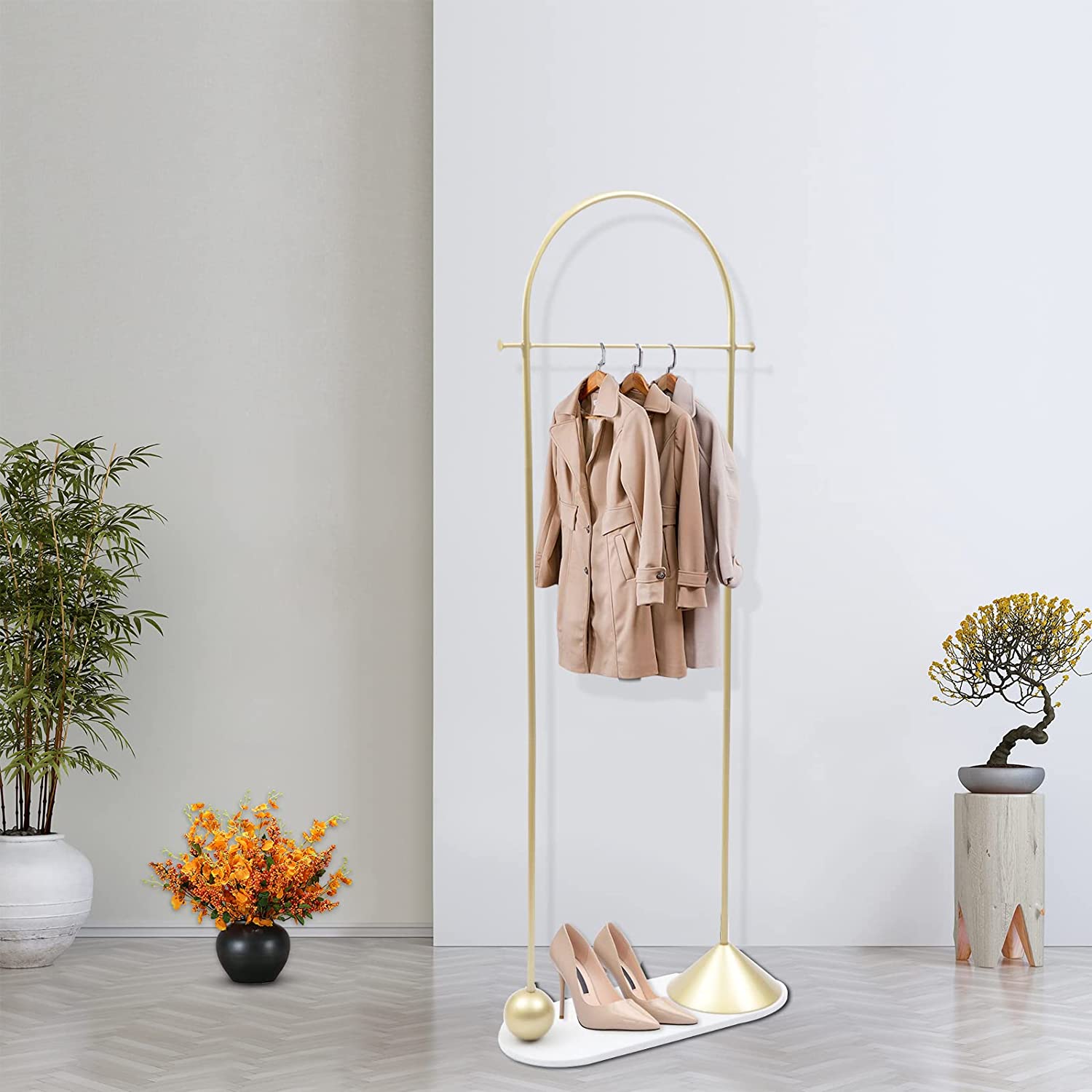 MONIPA 2 Rounded Hooks and U-shaped Marble Base Coat Rack Freestanding Gold Heavy Duty Garment Rack with Hanging Rod