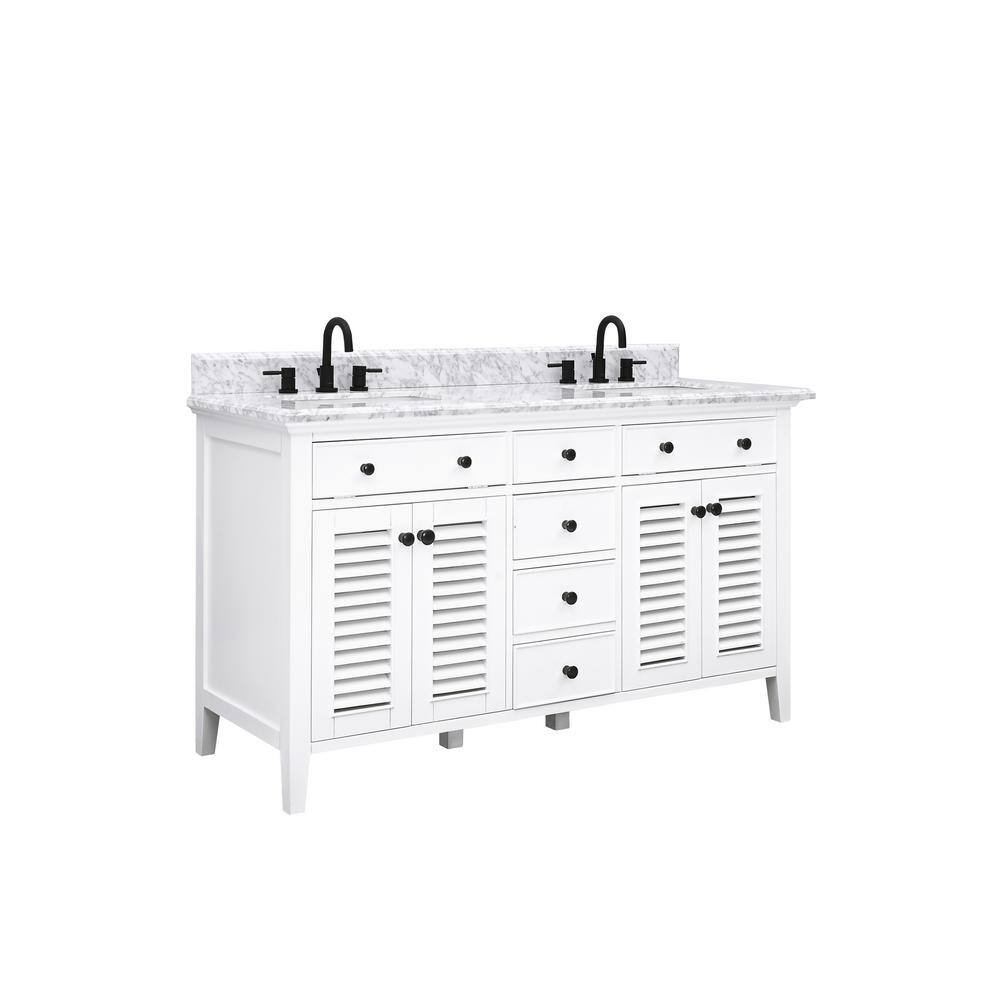 Home Decorators Collection Fallworth 61 in. W x 22 in. D x 35 in. H Bathroom Vanity in White with Carrara White Marble Top 19115-VS61-WT